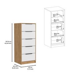 Dresser 42 inchH, 5 Drawer, Vertical Dresser, White / Light Oak