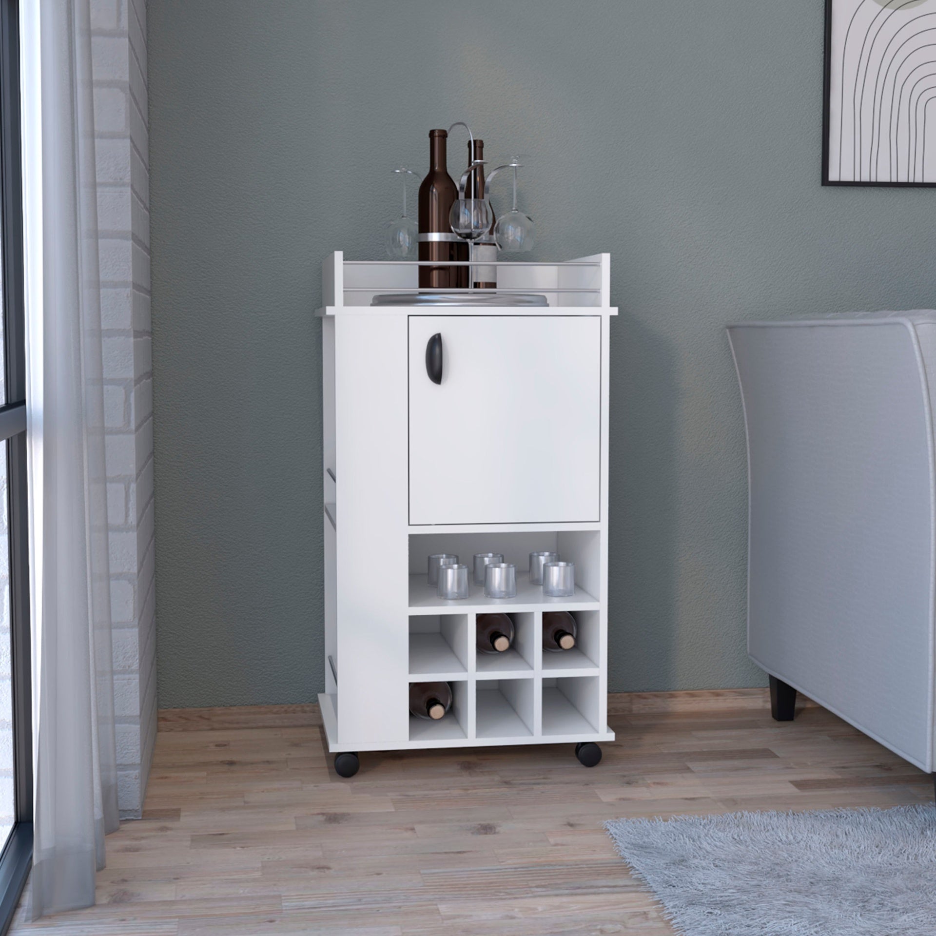 Bar Cart with 6 Built-in Wine Rack and Casters, White