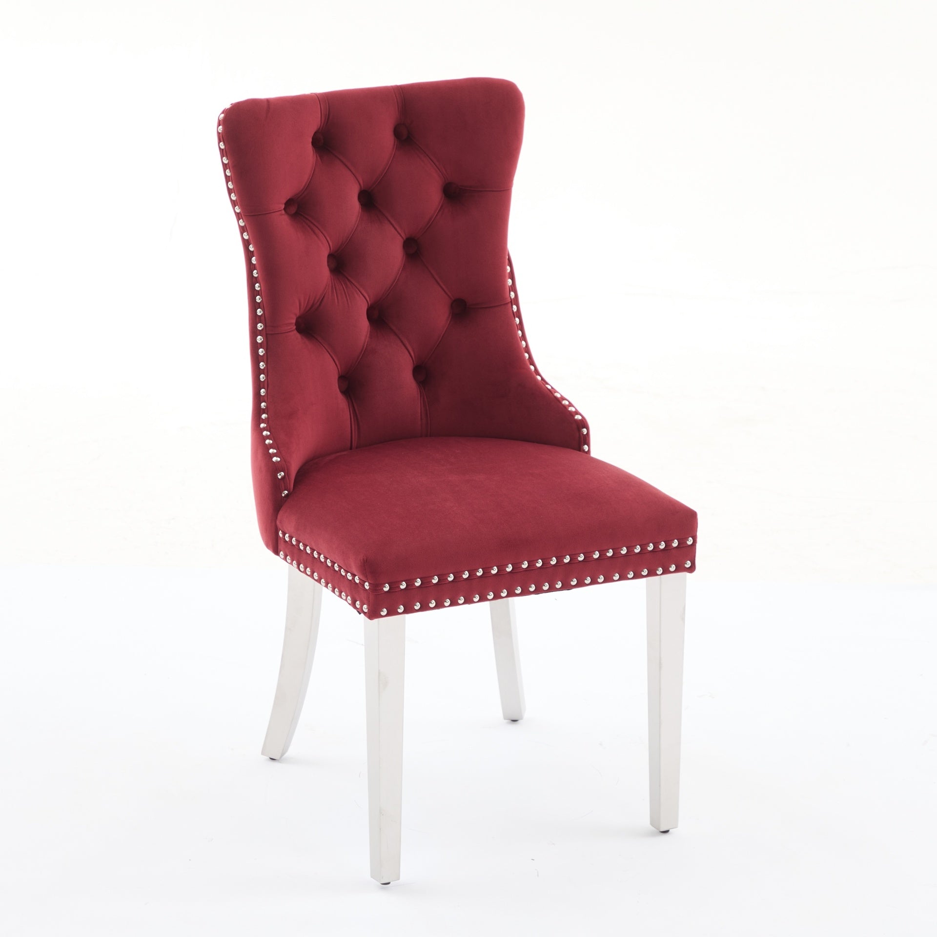 Nikki Collection Modern, High-end Tufted Solid Wood Contemporary Velvet Upholstered Dining Chair with Chrome Stainless Steel Plating Legs,Nailhead Trim,Set of 2,WineRed and Chrome, SW1701WR