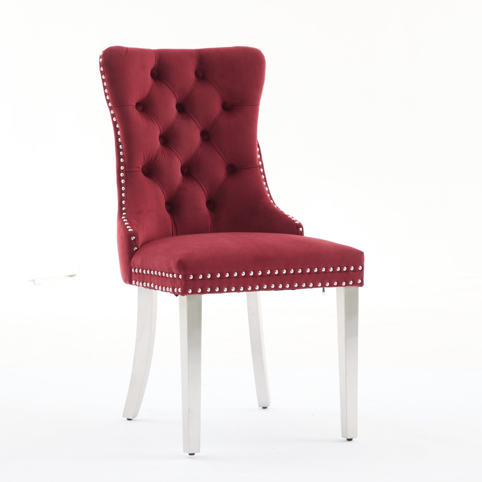 Nikki Collection Modern, High-end Tufted Solid Wood Contemporary Velvet Upholstered Dining Chair with Chrome Stainless Steel Plating Legs,Nailhead Trim,Set of 2,WineRed and Chrome, SW1701WR