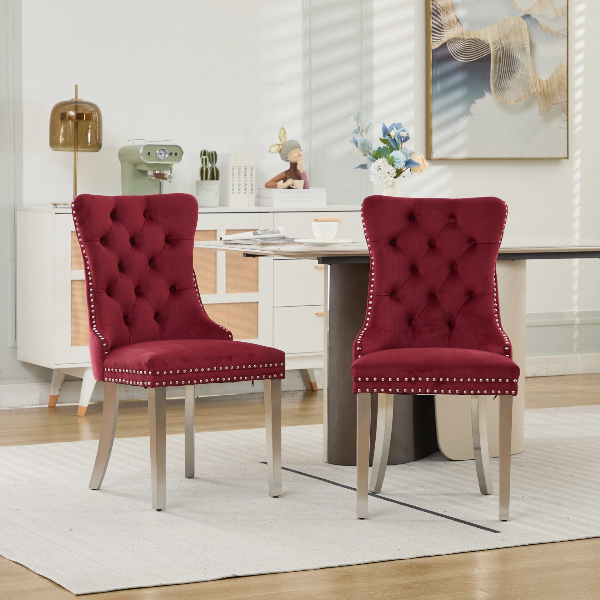 Nikki Collection Modern, High-end Tufted Solid Wood Contemporary Velvet Upholstered Dining Chair with Chrome Stainless Steel Plating Legs,Nailhead Trim,Set of 2,WineRed and Chrome, SW1701WR