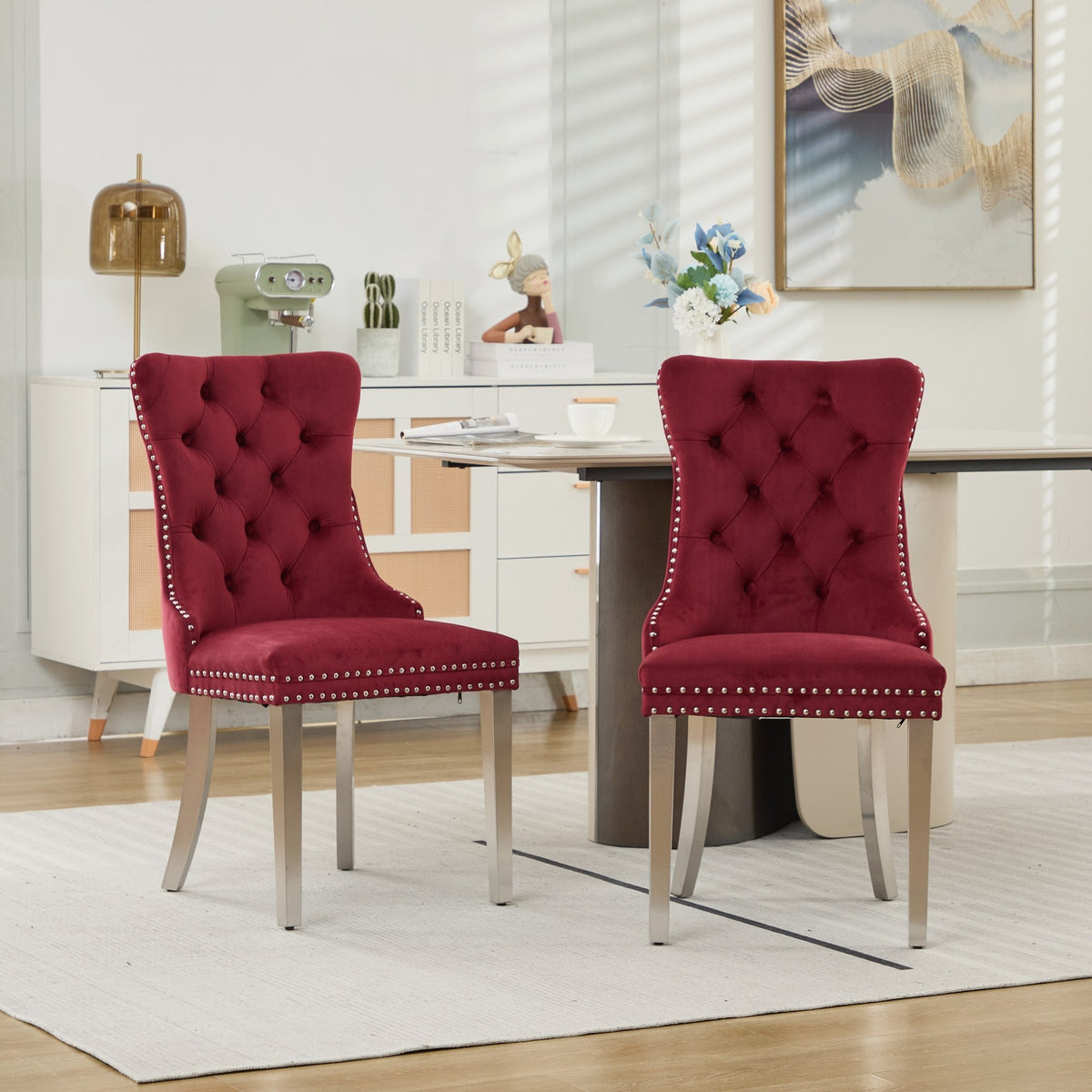 Nikki Collection Modern, High-end Tufted Solid Wood Contemporary Velvet Upholstered Dining Chair with Chrome Stainless Steel Plating Legs,Nailhead Trim,Set of 2,WineRed and Chrome, SW1701WR