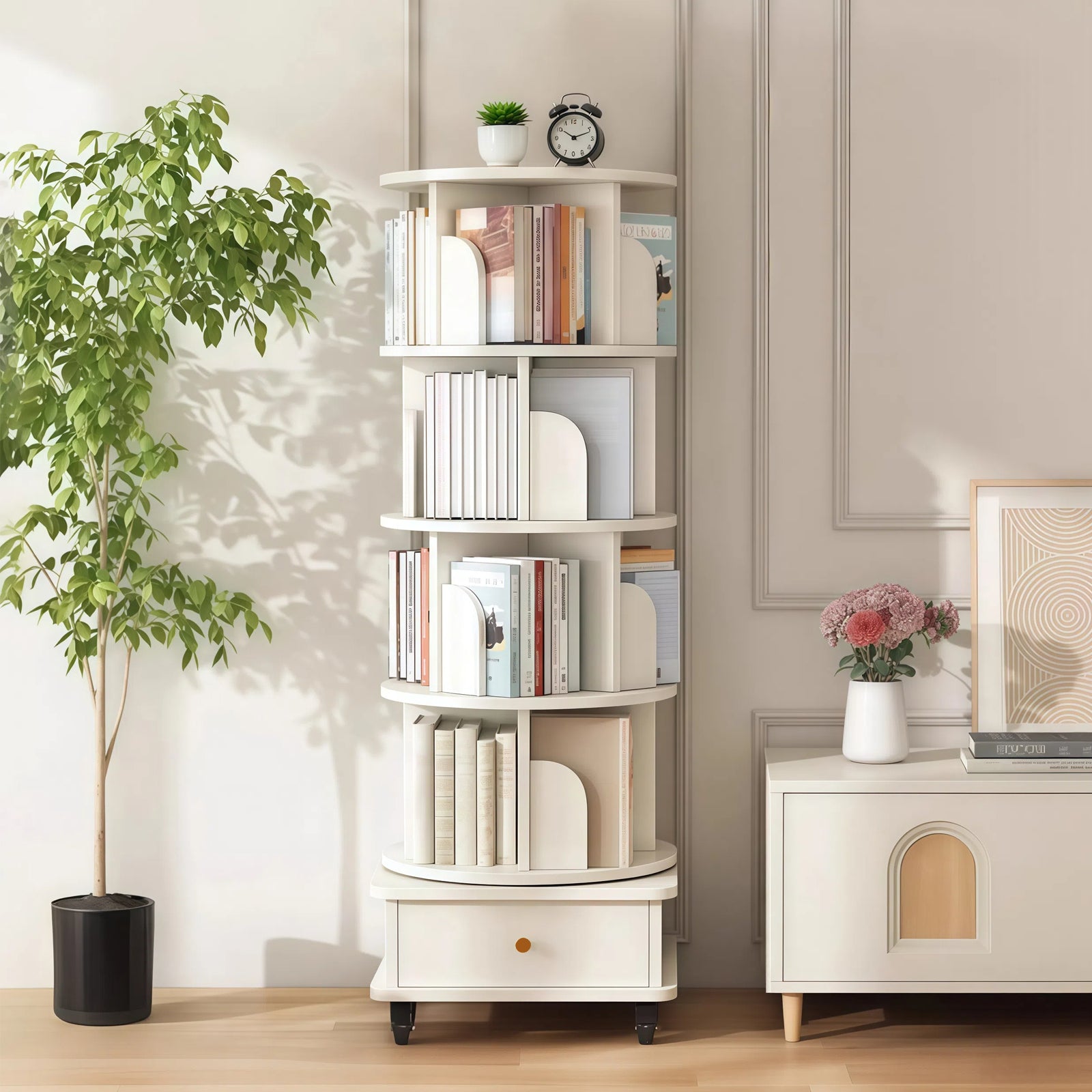 5 Tier Rotating Bookshelf, 360° Display Round Spinning Bookshelf with Wheels and Drawer, Space-Saving, Small Space Rotating Bookshelf Tower for Bedroom, Living Room, Home, Office, Warm White