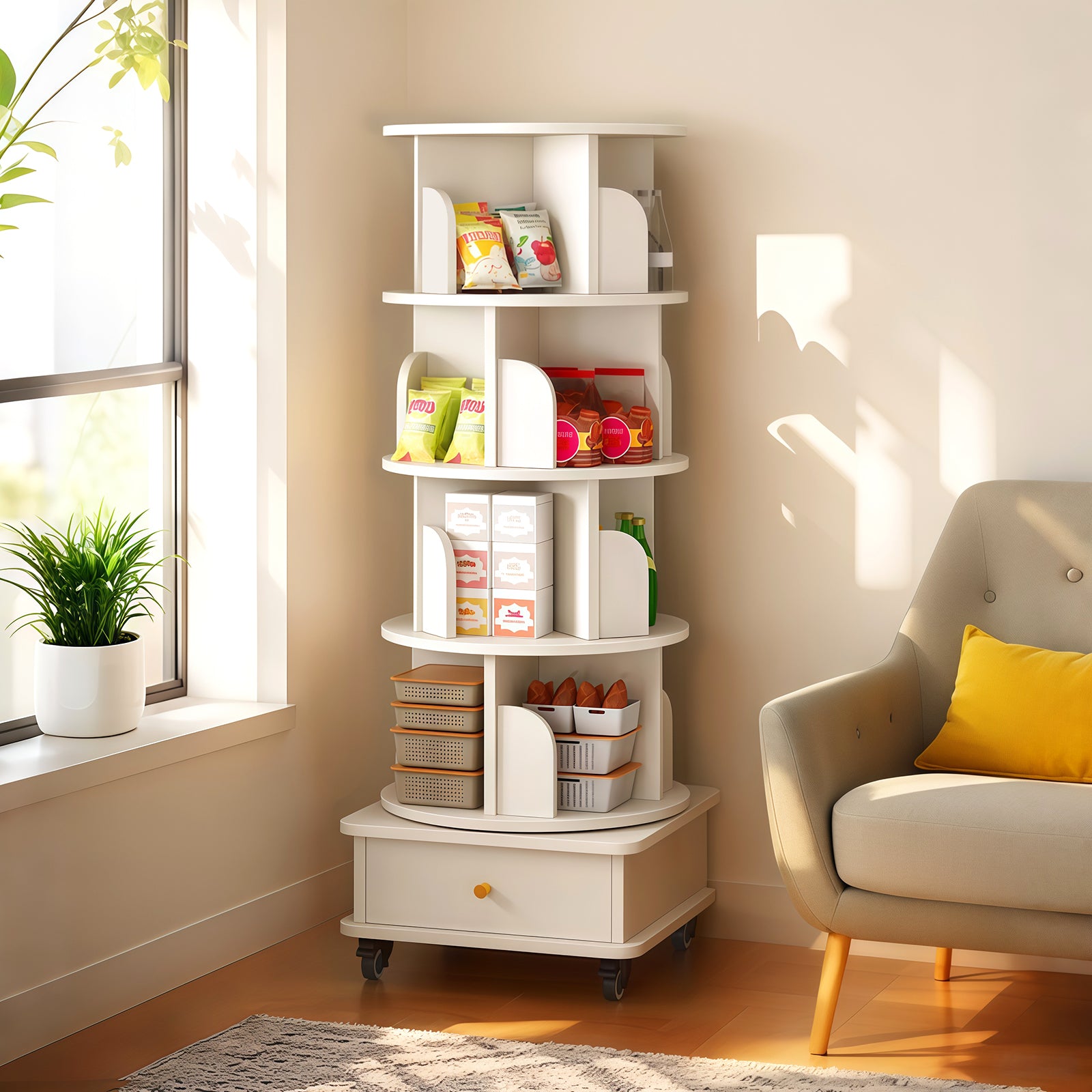 5 Tier Rotating Bookshelf, 360° Display Round Spinning Bookshelf with Wheels and Drawer, Space-Saving, Small Space Rotating Bookshelf Tower for Bedroom, Living Room, Home, Office, Warm White