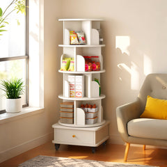 5 Tier Rotating Bookshelf, 360° Display Round Spinning Bookshelf with Wheels and Drawer, Space-Saving, Small Space Rotating Bookshelf Tower for Bedroom, Living Room, Home, Office, Warm White