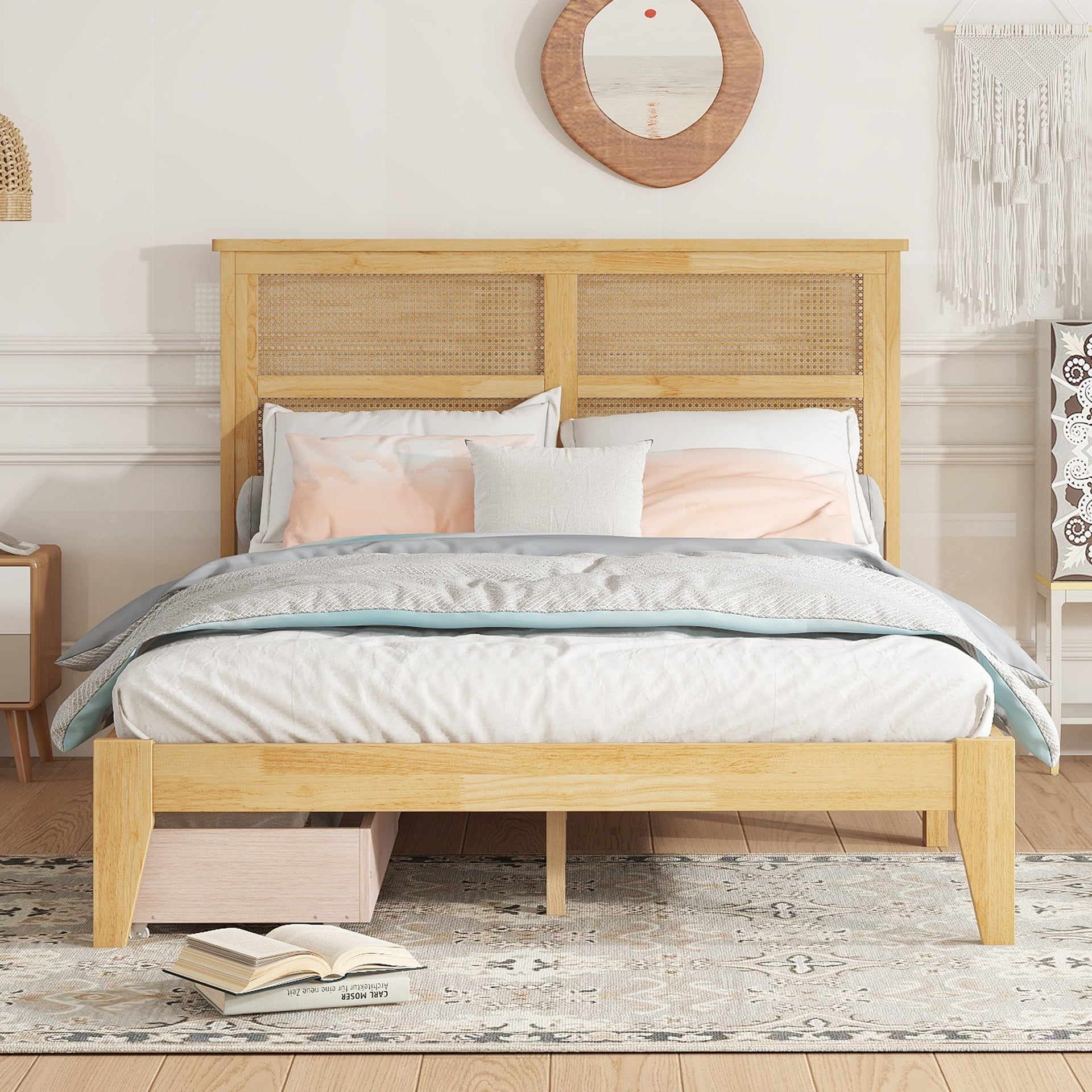 Full Size Bed with Rattan Headboard, Two Storage Drawers, Rubber Wood Bed with Enhanced Support Slats and Feet,White Oak