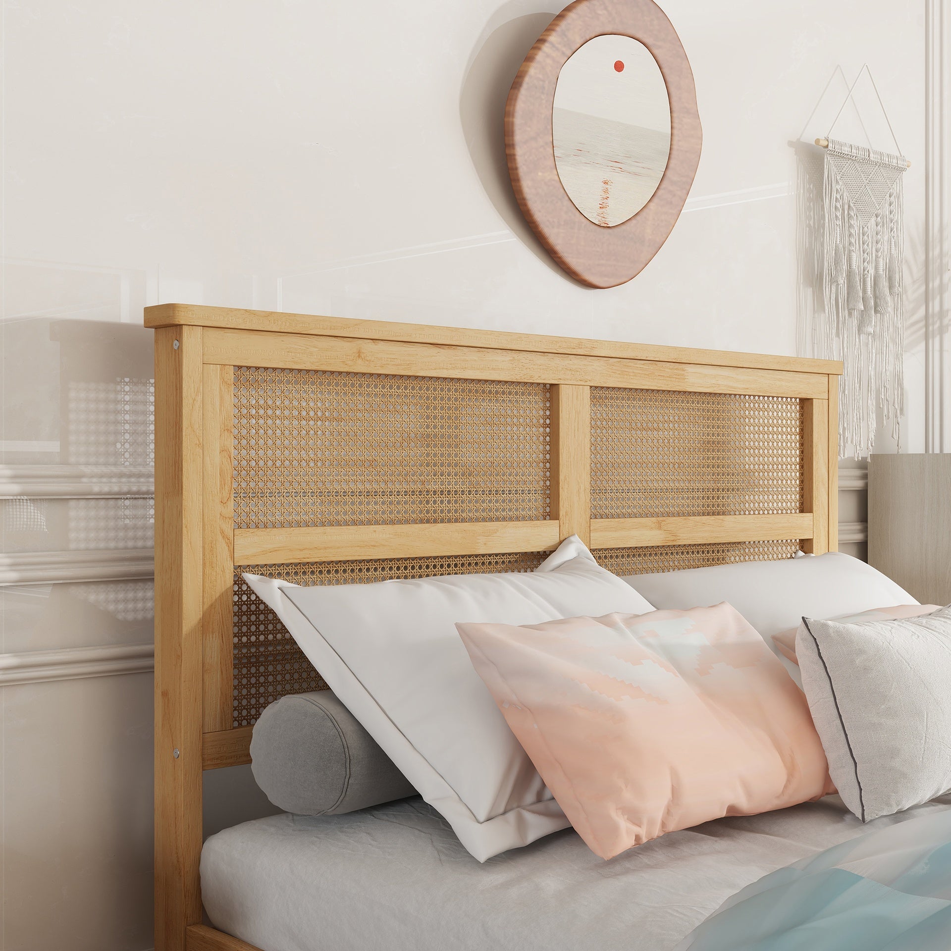 Full Size Bed with Rattan Headboard, Two Storage Drawers, Rubber Wood Bed with Enhanced Support Slats and Feet,White Oak