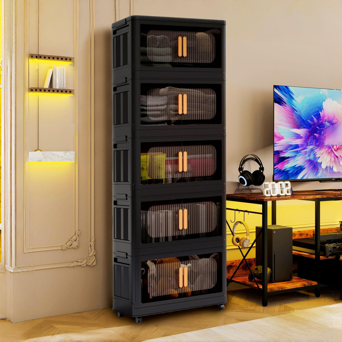 Black,20" Side Wide Folding Storage Cabinet ,5 Tiers,19.69"×11.81"×50.00",Collapsible Storage Bins with Magnetic Door, Plastic Storage Cabinet with Wheels