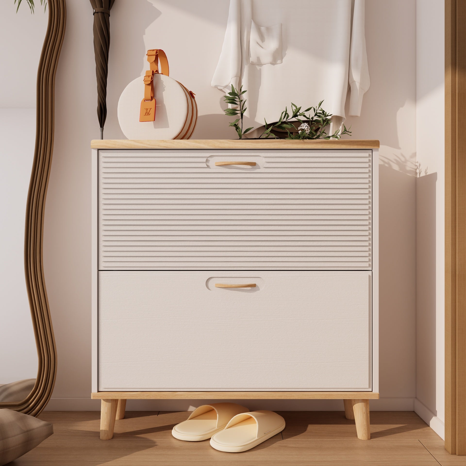 Shoes Storage Cabinet for Entryway,Narrow Shoe Rack Cabinet,Shoe Cabinet with 2 Flip Drawers,Freestanding Shoe Organizer with Natural Wood Legs,Slim Entryway Storage Organizer for 8-16 Pairs