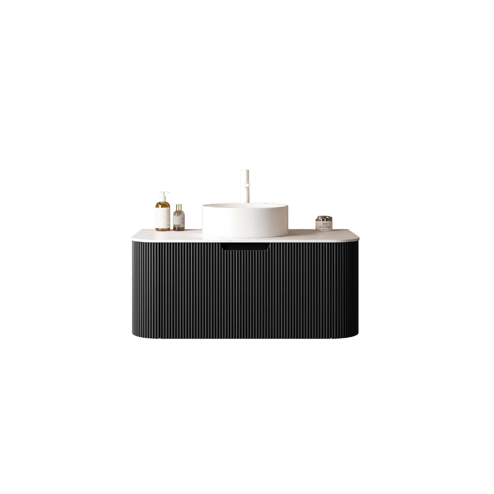 DINA 36" Bathroom Vanity&Sink, Floating Curved Edges Striped Bathroom Storage Cabinet with Drawer, White Round Ceramic Basin&Carrara White Sintered Stone Countertop, Pre-assembled, Black Color