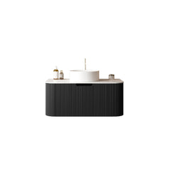 DINA 36" Bathroom Vanity&Sink, Floating Curved Edges Striped Bathroom Storage Cabinet with Drawer, White Round Ceramic Basin&Carrara White Sintered Stone Countertop, Pre-assembled, Black Color