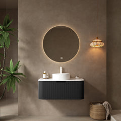DINA 36" Bathroom Vanity&Sink, Floating Curved Edges Striped Bathroom Storage Cabinet with Drawer, White Round Ceramic Basin&Carrara White Sintered Stone Countertop, Pre-assembled, Black Color