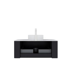 DINA 36" Bathroom Vanity&Sink, Floating Curved Edges Striped Bathroom Storage Cabinet with Drawer, White Round Ceramic Basin&Carrara White Sintered Stone Countertop, Pre-assembled, Black Color