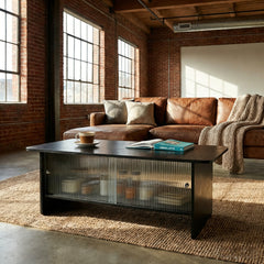 47"rectangular modern minimalist coffee table with glass sliding door storage center, suitable for living room, bedroom, office, easy to assemble, black
