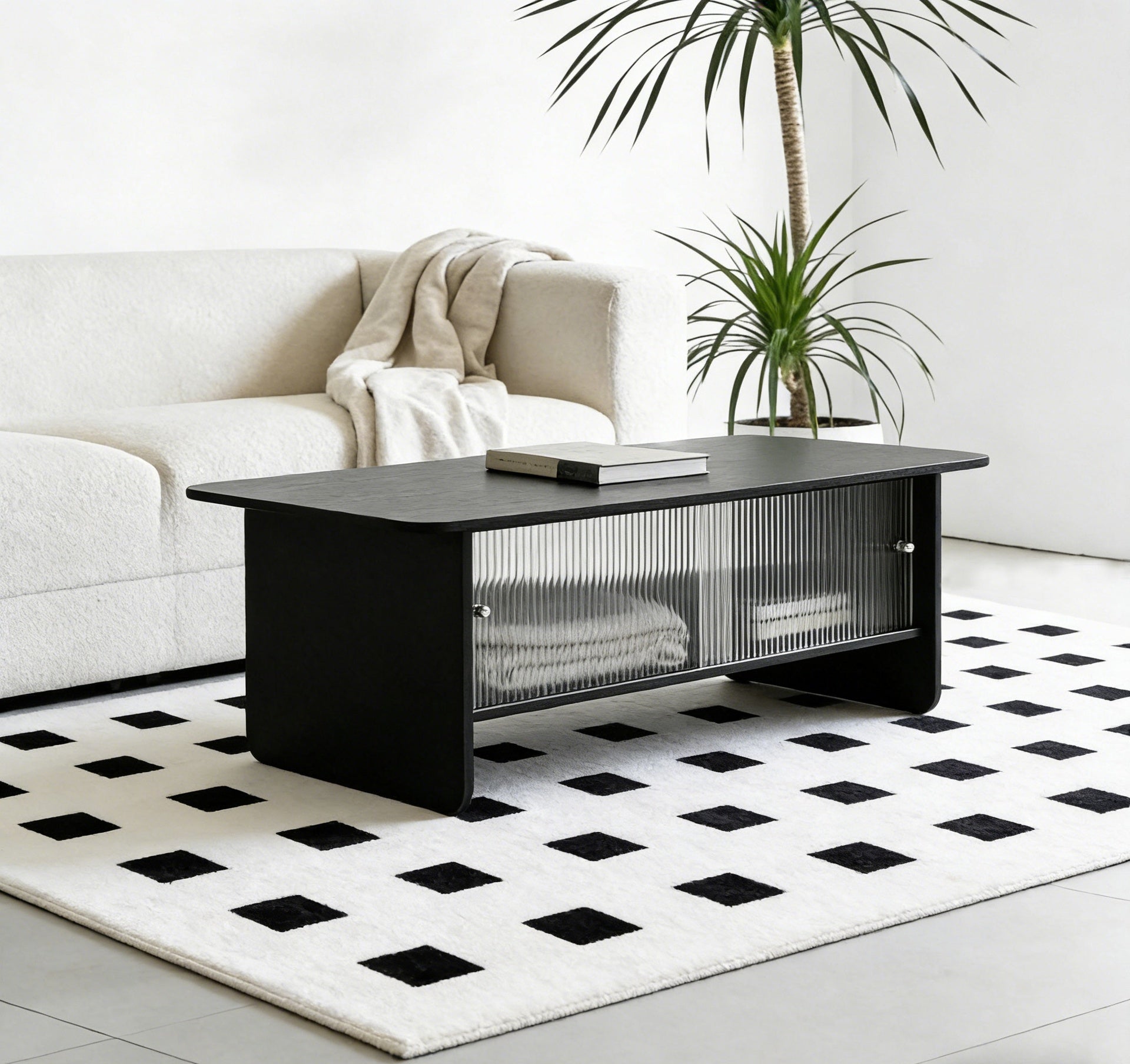 47"rectangular modern minimalist coffee table with glass sliding door storage center, suitable for living room, bedroom, office, easy to assemble, black