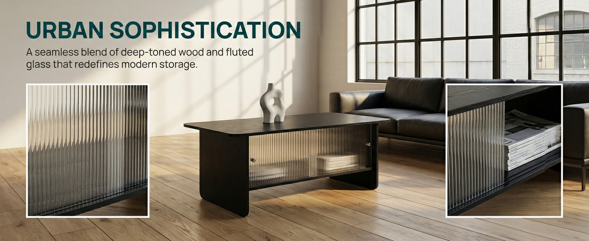 47"rectangular modern minimalist coffee table with glass sliding door storage center, suitable for living room, bedroom, office, easy to assemble, black