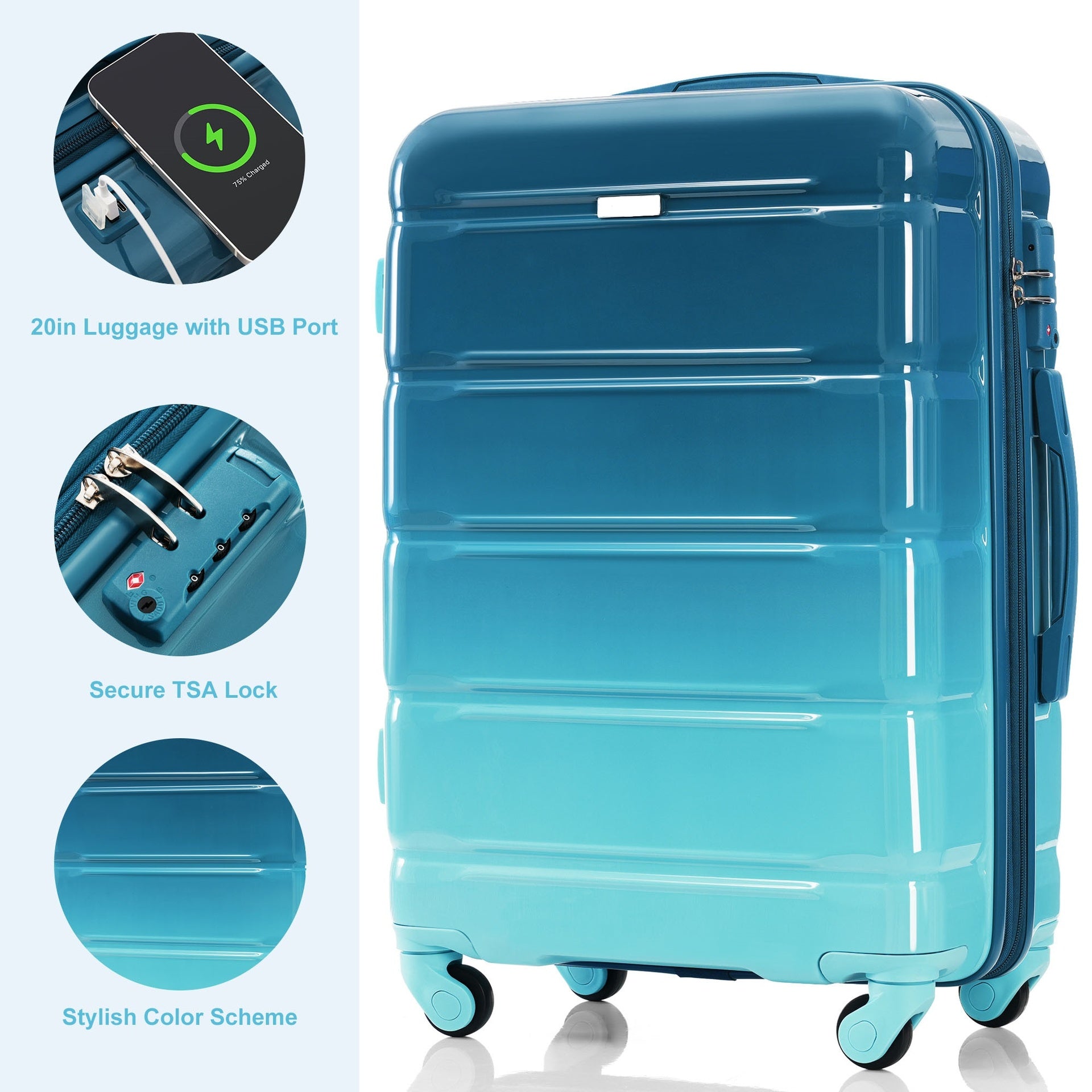 Luggage Sets 5 Piece, 20-inch with USB Port, ABS Durable Suitcase with Travel Bag, ABS+PC Hard Shell Luggage with Spinner Wheels, blue