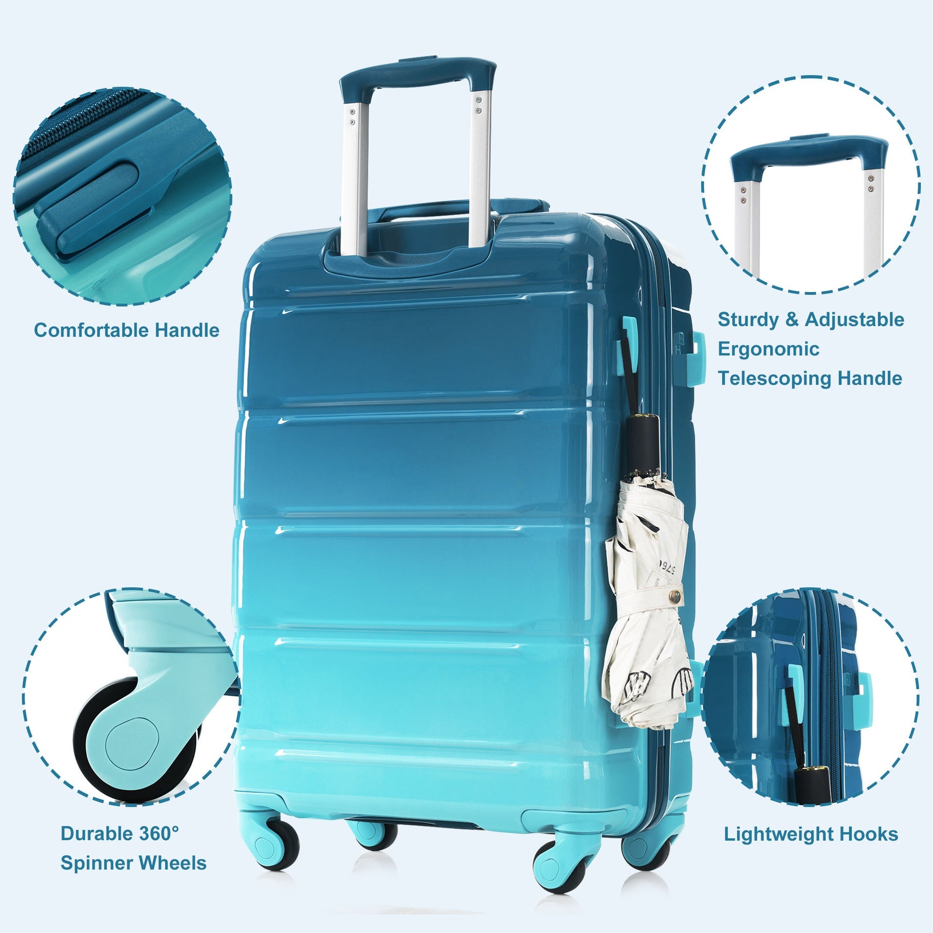 Luggage Sets 5 Piece, 20-inch with USB Port, ABS Durable Suitcase with Travel Bag, ABS+PC Hard Shell Luggage with Spinner Wheels, blue