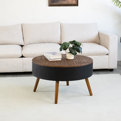 31.5-inch round coffee table with storage function, featuring an engraved tabletop, is an ideal beverage table for small spaces, serving as a modern-style accent side table suitable for living rooms,