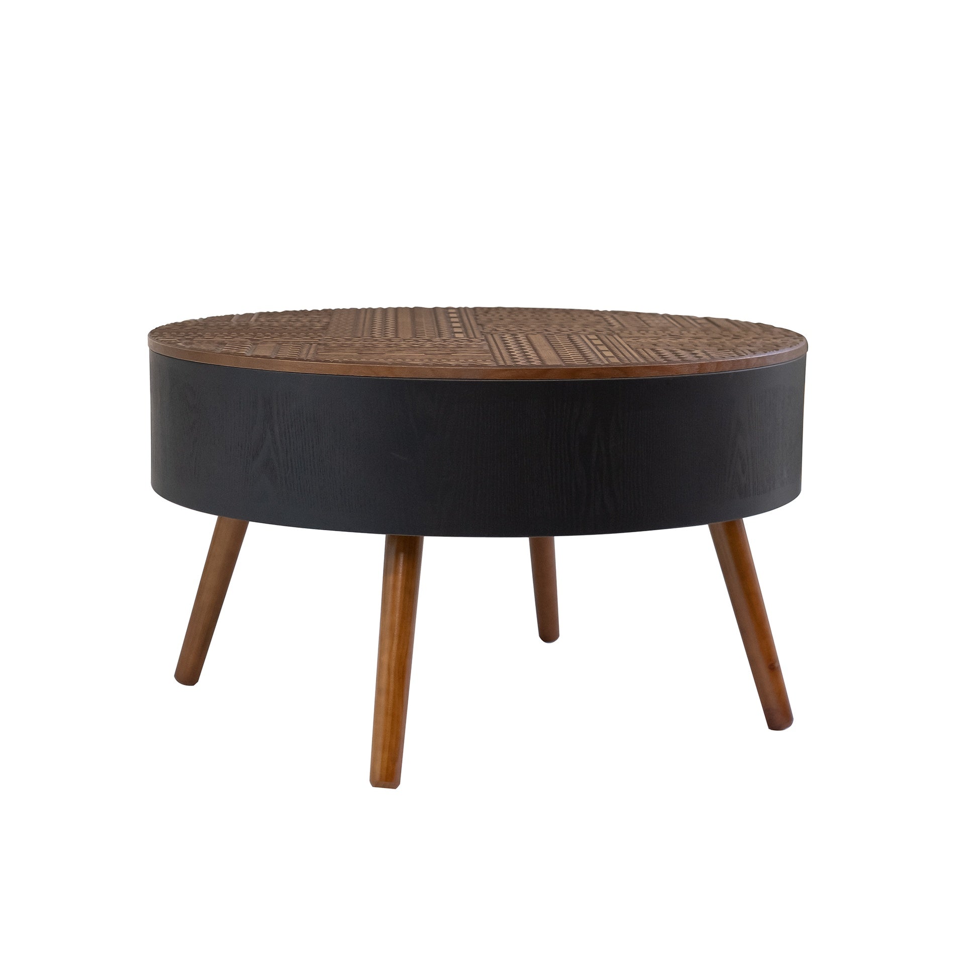 31.5-inch round coffee table with storage function, featuring an engraved tabletop, is an ideal beverage table for small spaces, serving as a modern-style accent side table suitable for living rooms,