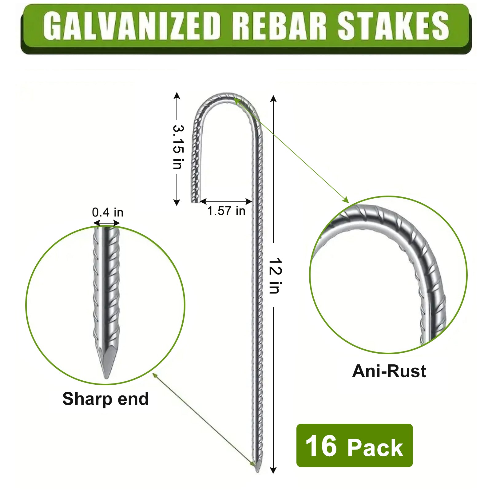 J-Shaped 0.4 in. x 12 in. Silver Steel Rebar Pins (16 Pack) - Heavy Duty Landscaping Anchors for Fabric Edging & Securing