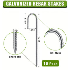 J-Shaped 0.4 in. x 12 in. Silver Steel Rebar Pins (16 Pack) - Heavy Duty Landscaping Anchors for Fabric Edging & Securing