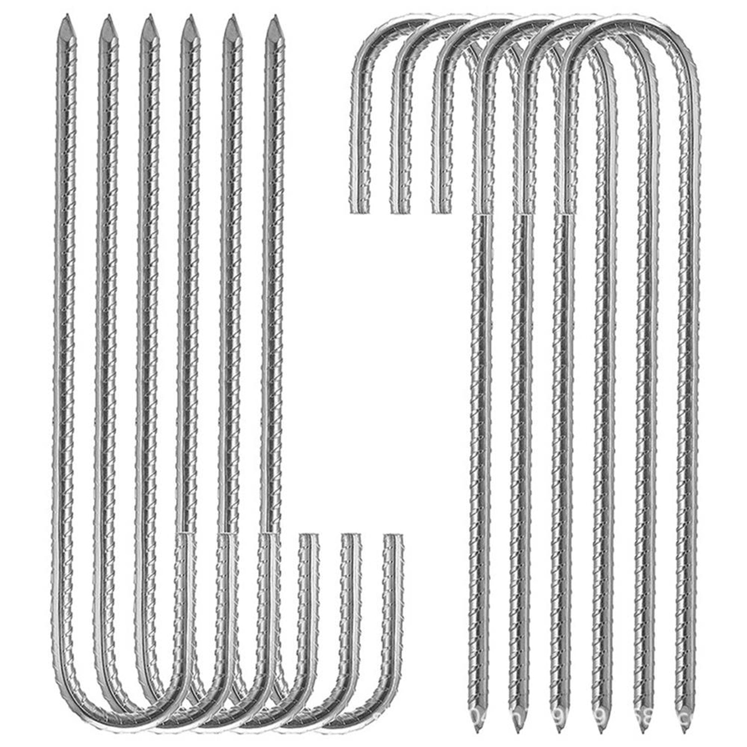 J-Shaped 0.4 in. x 12 in. Silver Steel Rebar Pins (16 Pack) - Heavy Duty Landscaping Anchors for Fabric Edging & Securing