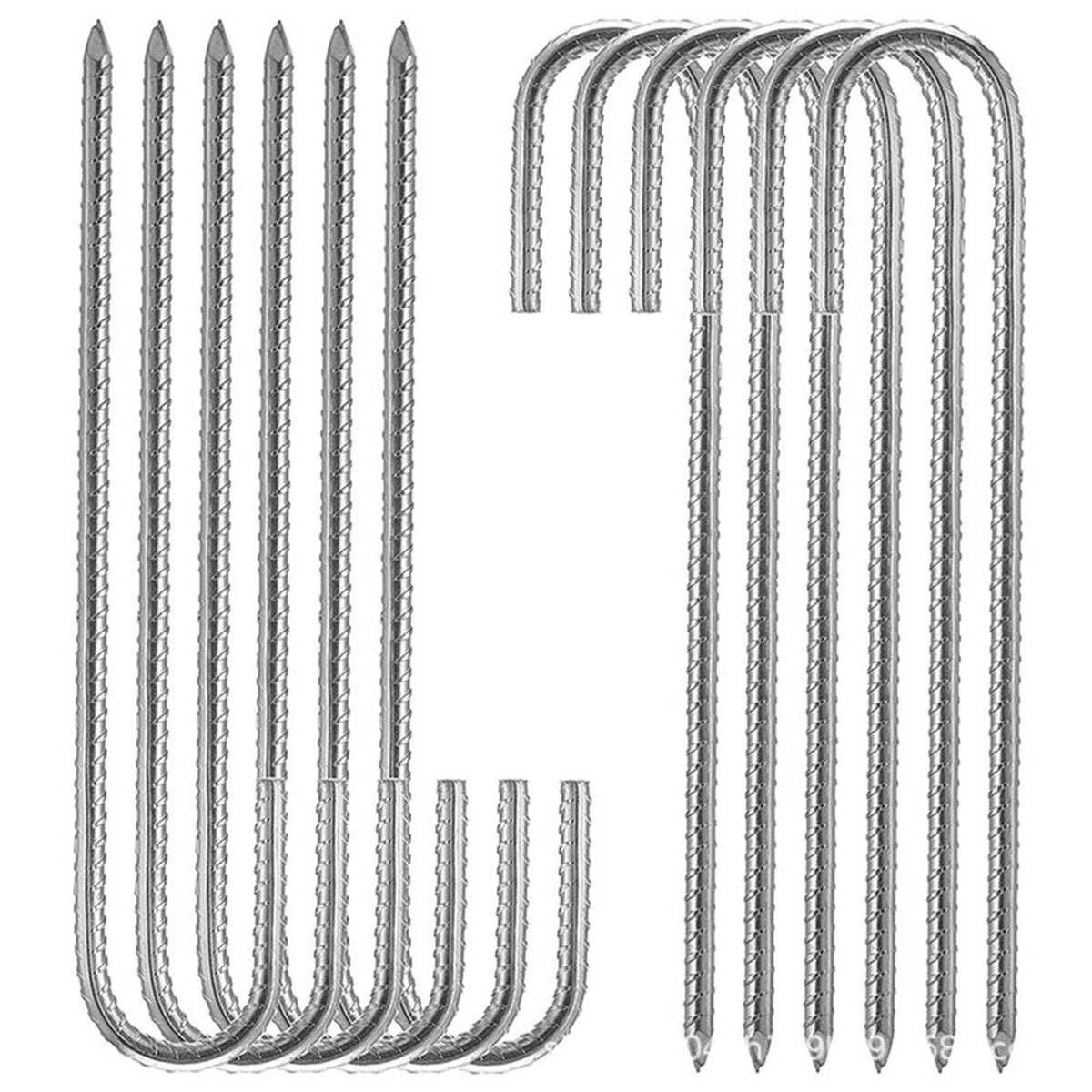 J-Shaped 0.4 in. x 12 in. Silver Steel Rebar Pins (16 Pack) - Heavy Duty Landscaping Anchors for Fabric Edging & Securing