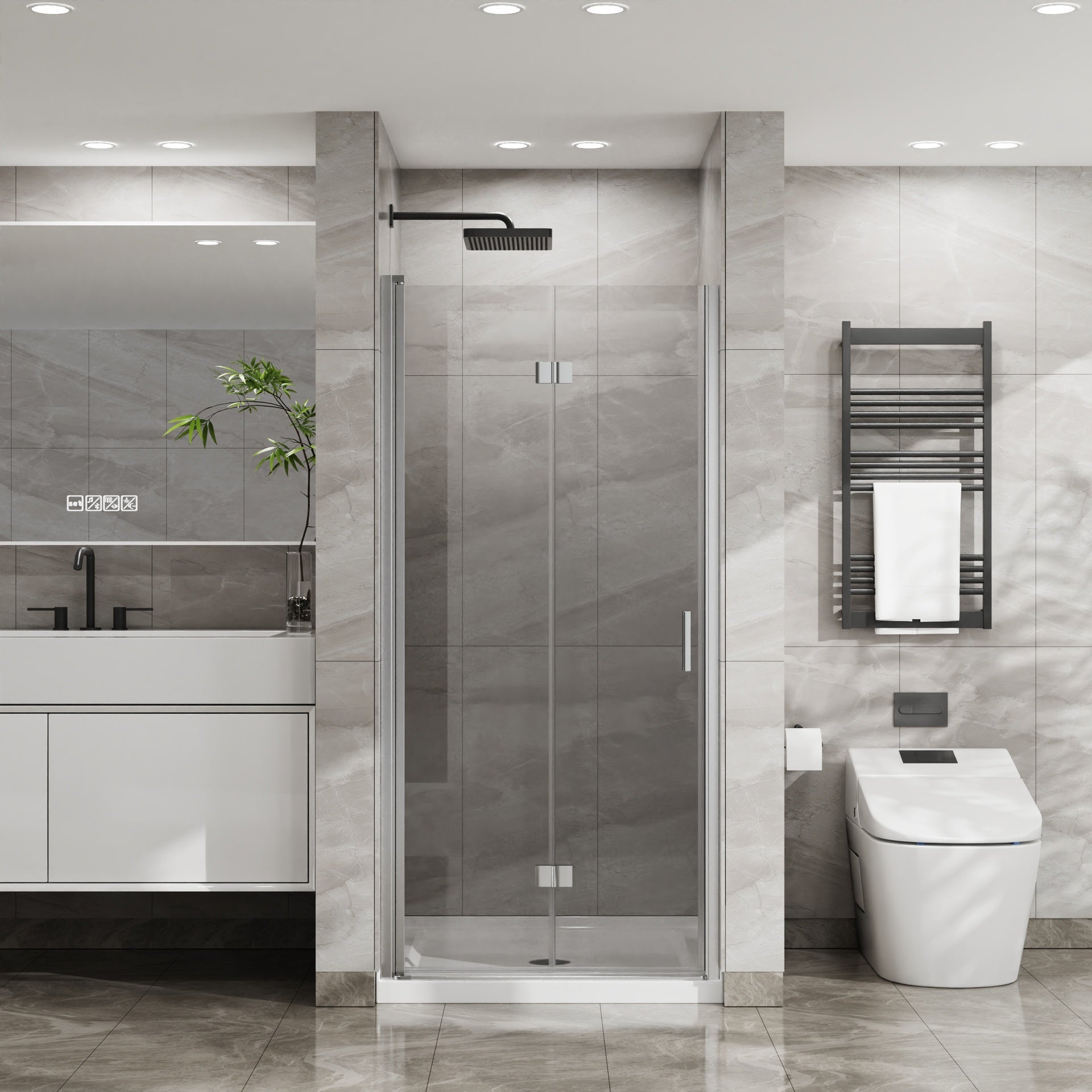 Goodyo 34"x 72" Bifold Frameless Glass Shower Door 1/4 inch Tempered Clear Glass Pivot Swing Shower Panel in Chrome Finish, Foldable