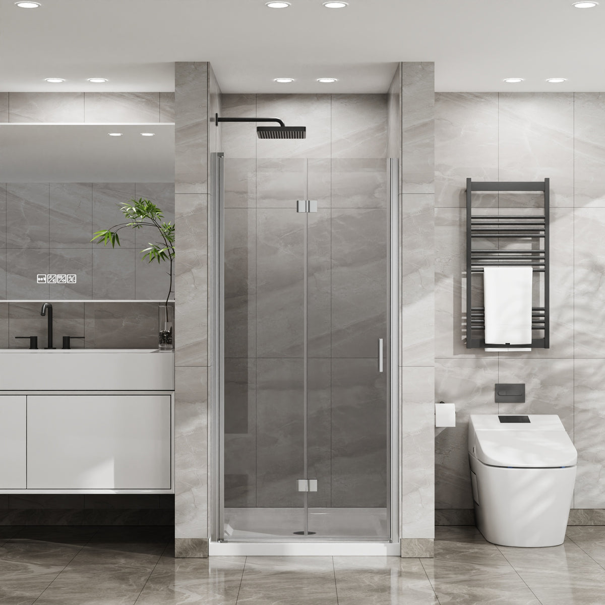 Goodyo 34"x 72" Bifold Frameless Glass Shower Door 1/4 inch Tempered Clear Glass Pivot Swing Shower Panel in Chrome Finish, Foldable