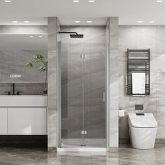 Goodyo 34"x 72" Bifold Frameless Glass Shower Door 1/4 inch Tempered Clear Glass Pivot Swing Shower Panel in Chrome Finish, Foldable