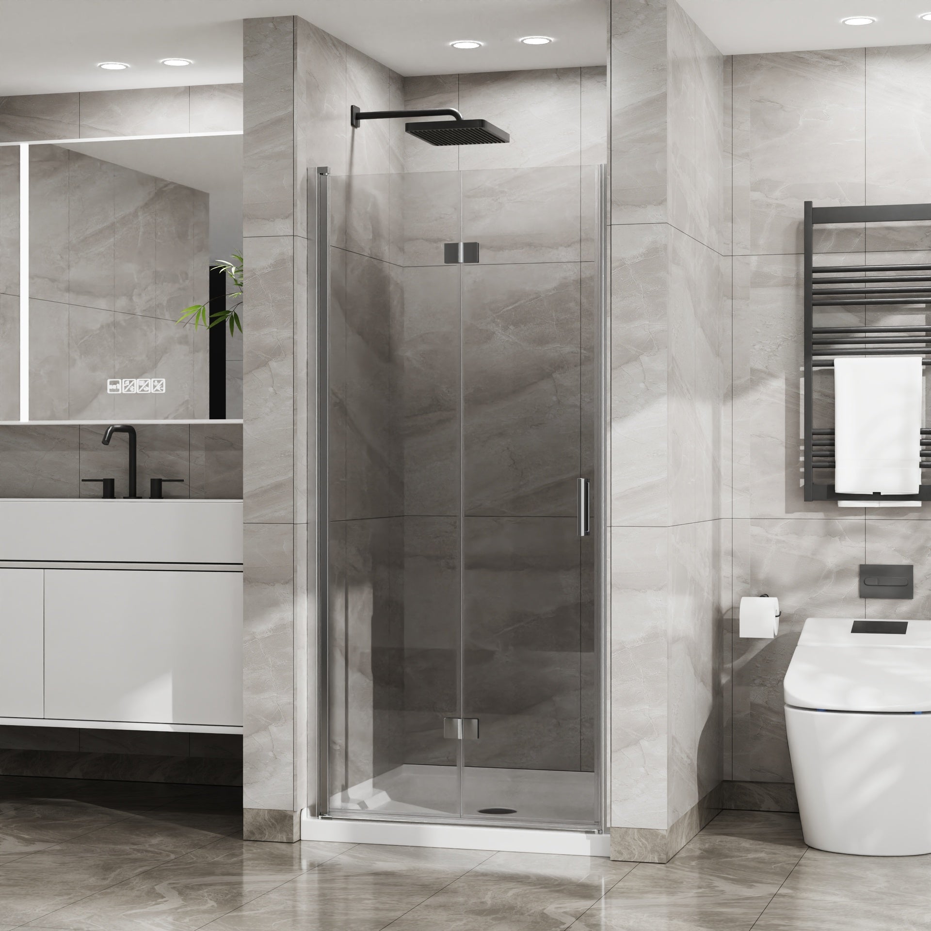 Goodyo 34"x 72" Bifold Frameless Glass Shower Door 1/4 inch Tempered Clear Glass Pivot Swing Shower Panel in Chrome Finish, Foldable