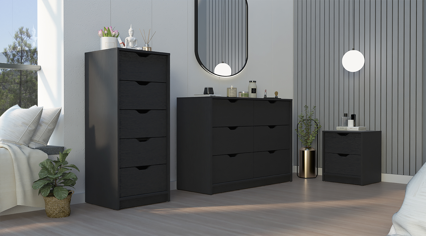 Stockley 3 Piece Bedroom Set, Nightstand + Dresser + Dresser, Black
