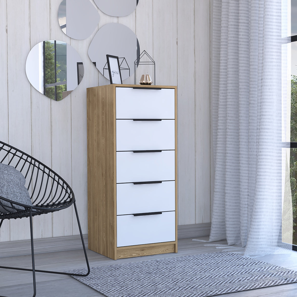 5 Drawers Dresser Maryland, Metal Handle, White / Pine Finish