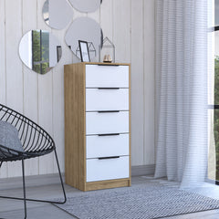 5 Drawers Dresser Maryland, Metal Handle, White / Pine Finish