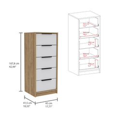 5 Drawers Dresser Maryland, Metal Handle, White / Pine Finish