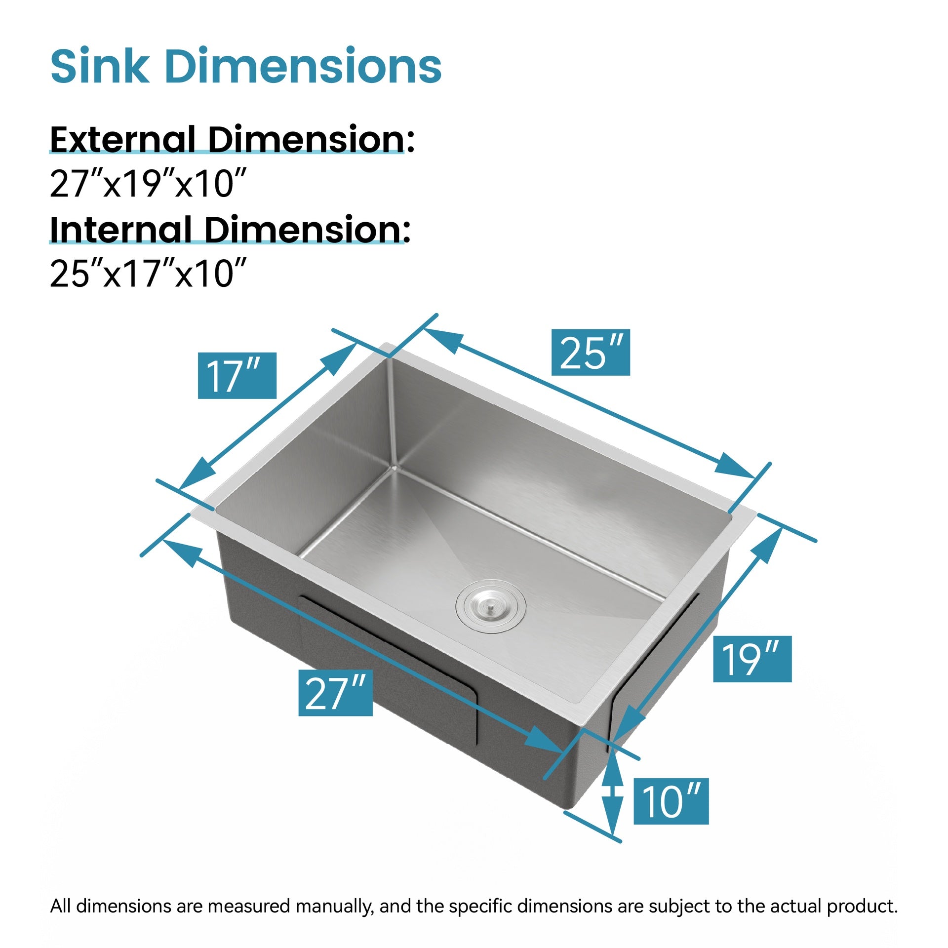 Stainless Steel Kitchen Sink, 27″x19″ Single Bowl, Undermount Handmade Sink in Brushed Nickel, with US Standard Drain and Hook, LS-SSBR06