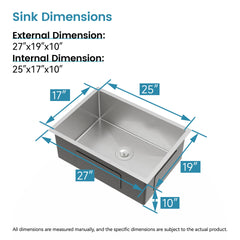 Stainless Steel Kitchen Sink, 27″x19″ Single Bowl, Undermount Handmade Sink in Brushed Nickel, with US Standard Drain and Hook, LS-SSBR06