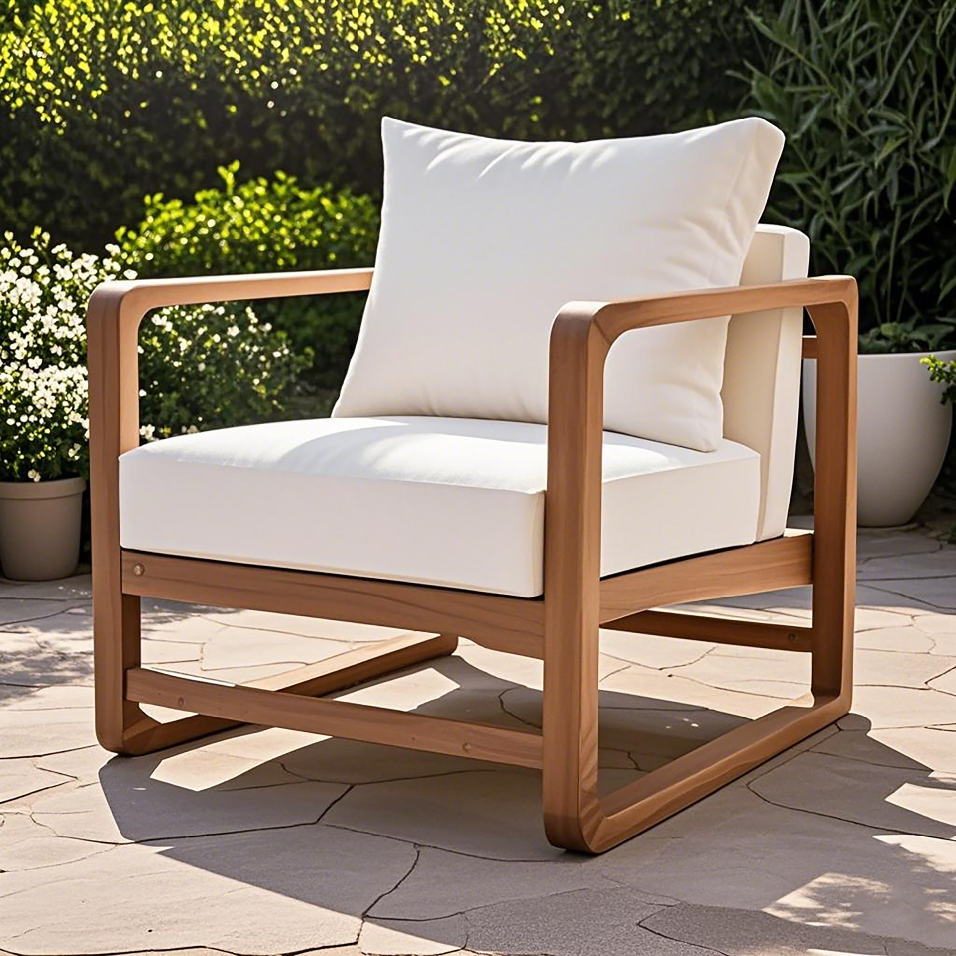 Outdoor Lounge Chair, Acacia Wood Club Chair, Oversized Seat with White Cushion Set