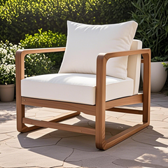 Outdoor Lounge Chair, Acacia Wood Club Chair, Oversized Seat with White Cushion Set