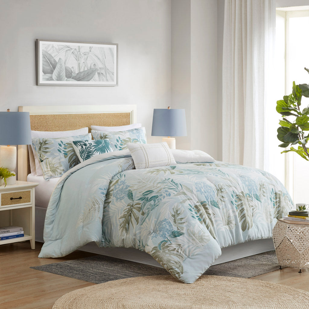 6 Piece Oversized Cotton Comforter Set with Throw Pillow Blue Full