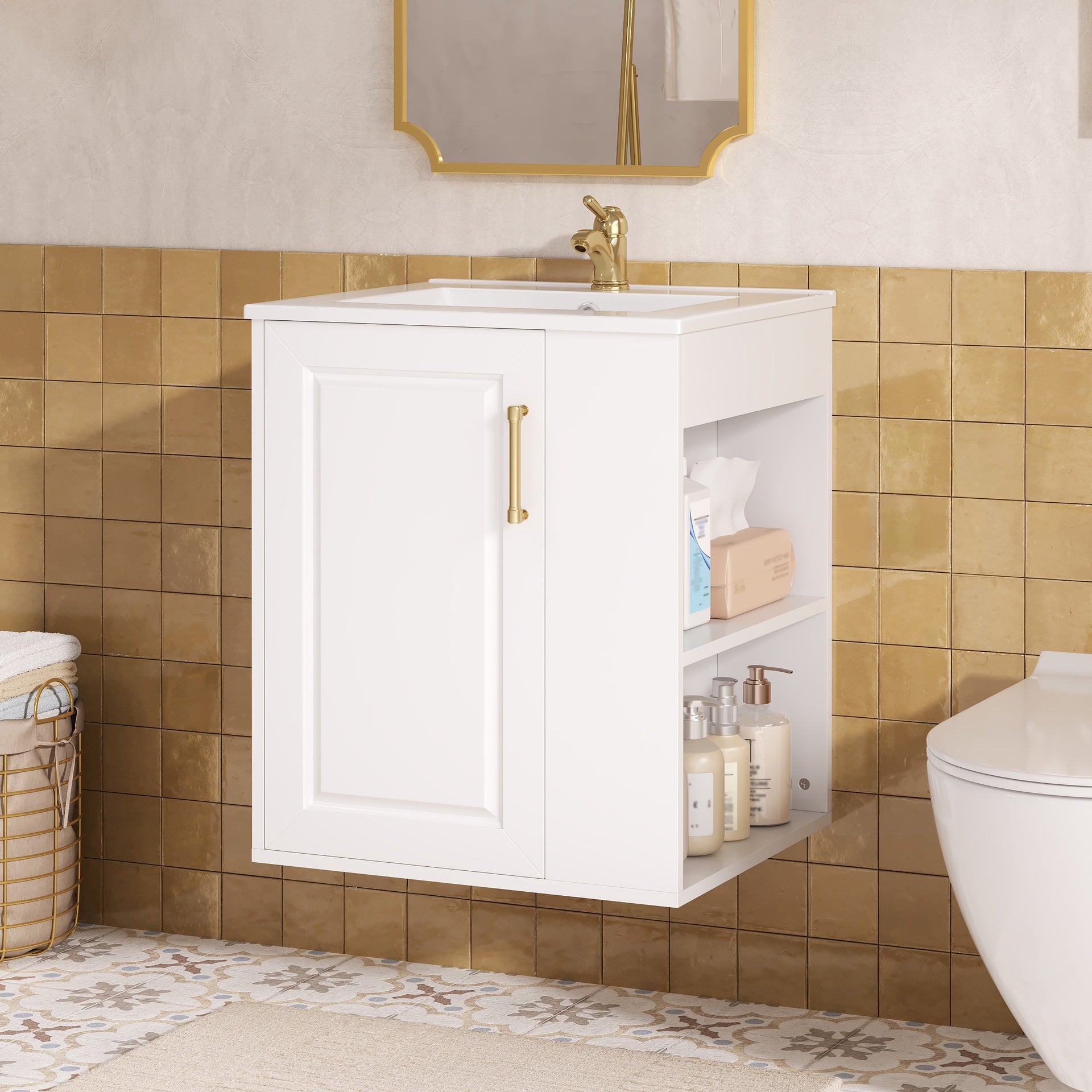 20" Wall Mounted Bathroom Cabinet with Side Cabinet Combo, Bathroom Cabinet with Soft-Closing Door, Modern Bathroom Vanity with Sink,White