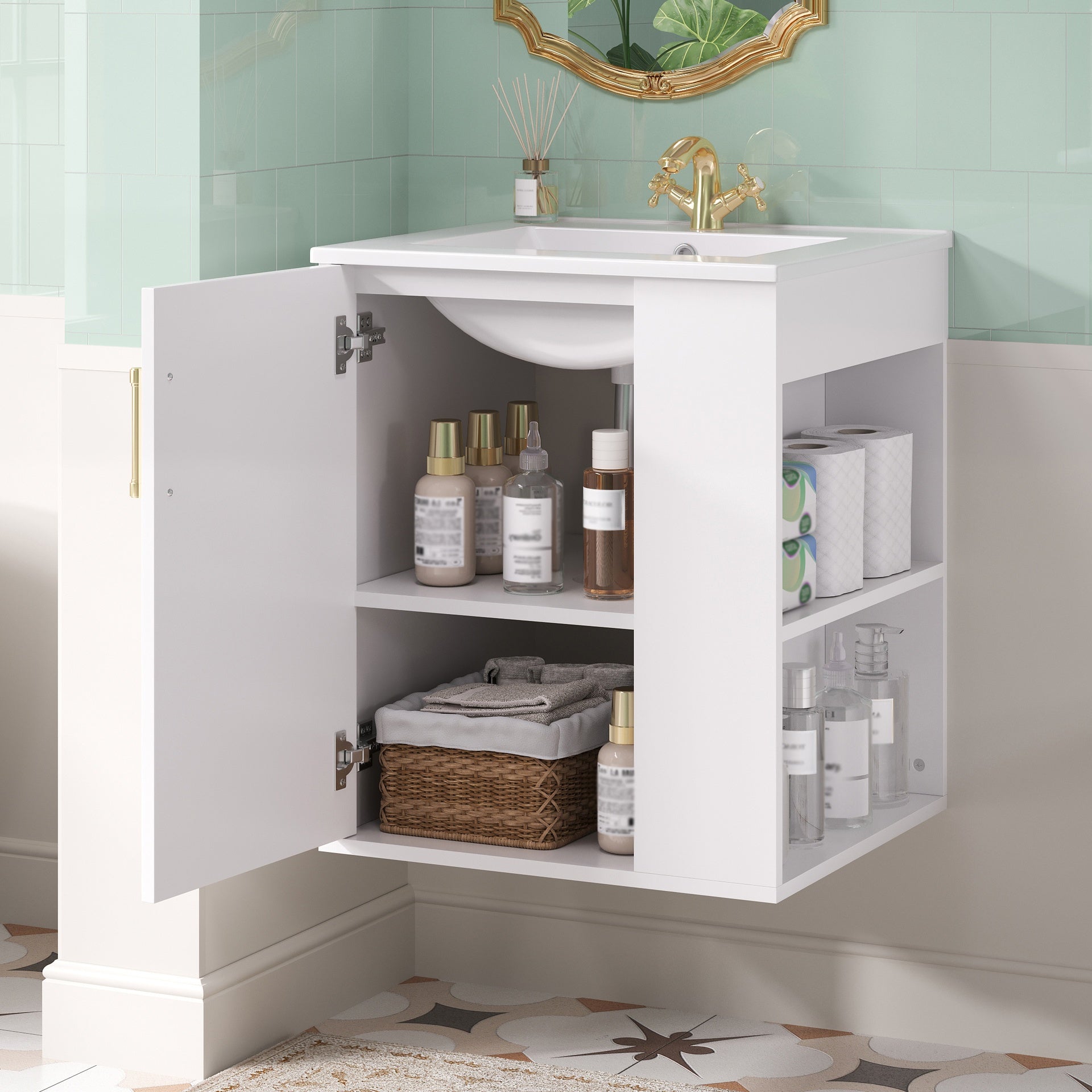 20" Wall Mounted Bathroom Cabinet with Side Cabinet Combo, Bathroom Cabinet with Soft-Closing Door, Modern Bathroom Vanity with Sink,White