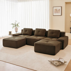 117" Modern U-Shaped Modular Sectional Sofa for Living Room, Corduroy Fabric, 3-Seater Couch with Deep Seat and Movable Ottoman,Pearl-like piping, Tufted Design,No Assembly, Anti-slip Design,Brown