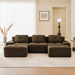 117" Modern U-Shaped Modular Sectional Sofa for Living Room, Corduroy Fabric, 3-Seater Couch with Deep Seat and Movable Ottoman,Pearl-like piping, Tufted Design,No Assembly, Anti-slip Design,Brown
