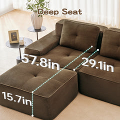 117" Modern U-Shaped Modular Sectional Sofa for Living Room, Corduroy Fabric, 3-Seater Couch with Deep Seat and Movable Ottoman,Pearl-like piping, Tufted Design,No Assembly, Anti-slip Design,Brown