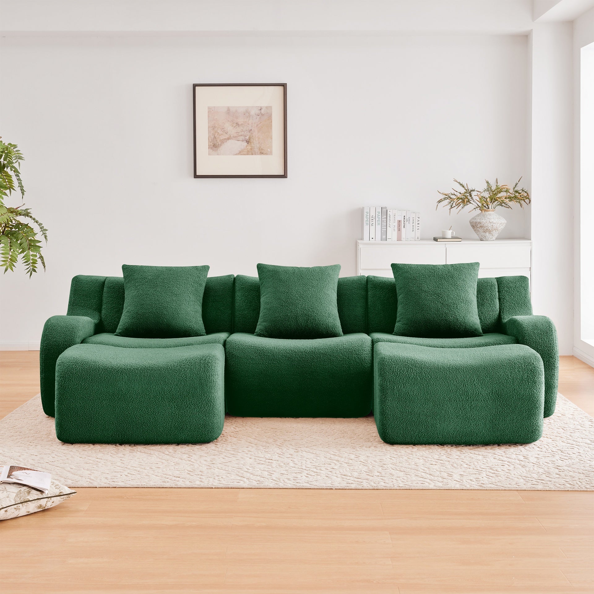 U-shaped Soft Teddy Fabric Boneless Sofa, Assembly Chaise,No Assembly Required Curved Armrest,Anti-Slip Design 32D High Density Sponge Streamlined Design,Fits Living Rooms Reading Nook,Green