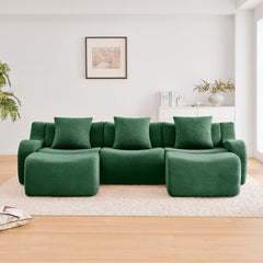 U-shaped Soft Teddy Fabric Boneless Sofa, Assembly Chaise,No Assembly Required Curved Armrest,Anti-Slip Design 32D High Density Sponge Streamlined Design,Fits Living Rooms Reading Nook,Green