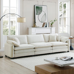 Mid-Century Modern 3-Seater Sectional Sofa with 2 Arm Pillows and 3 Throw Pillows, Beige Corduroy Fabric
