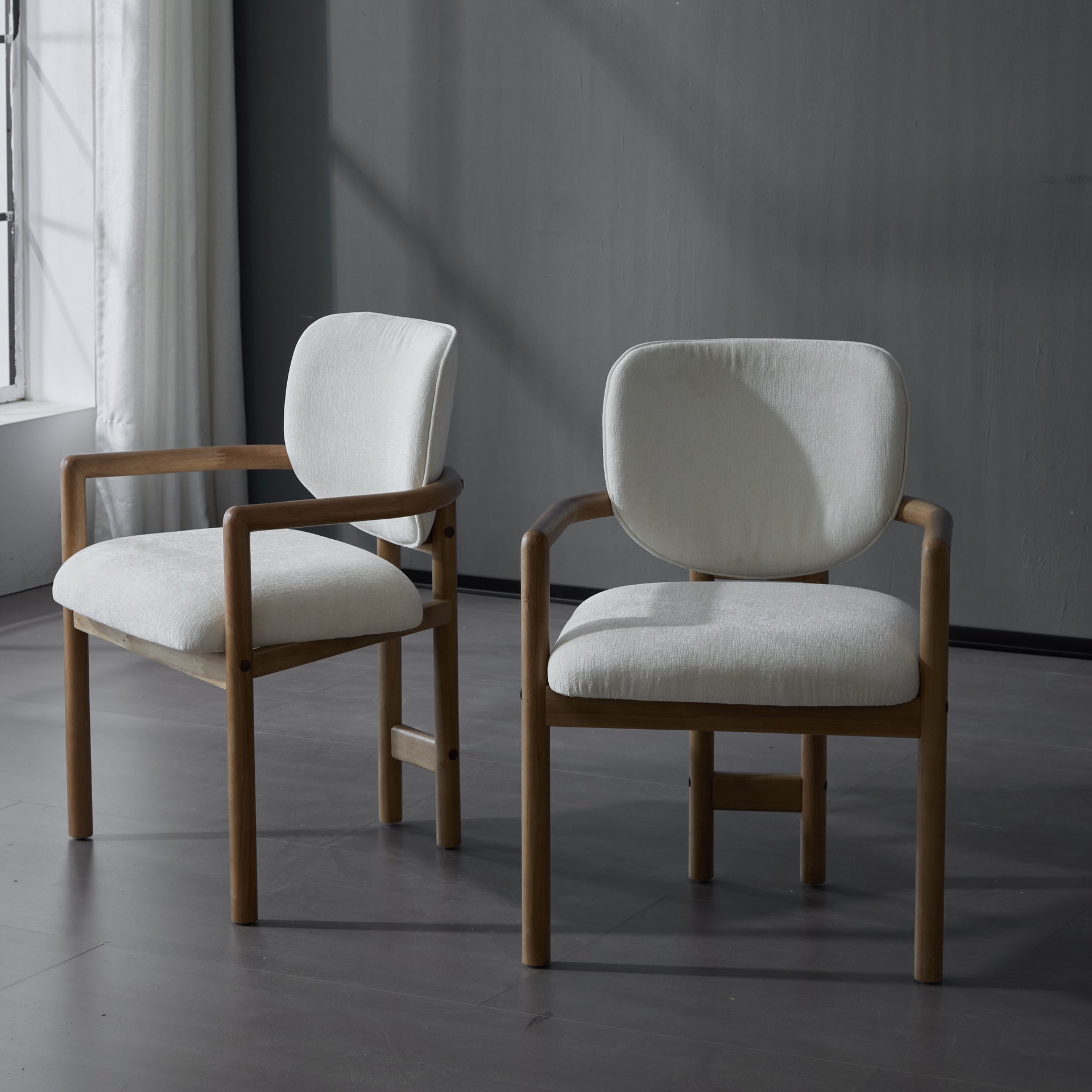 Dining Chairs Set of 2 Upholstered Arm Chairs, Rubber Wood Accent Chairs White Fabric Seating, 300 LBS Weight Capacity